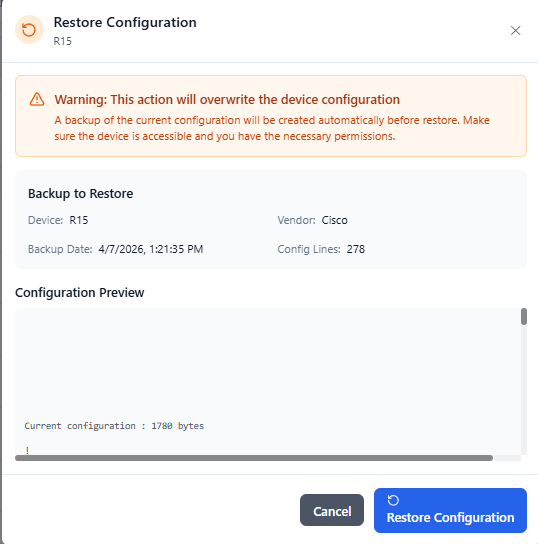 Restore Configuration Warning